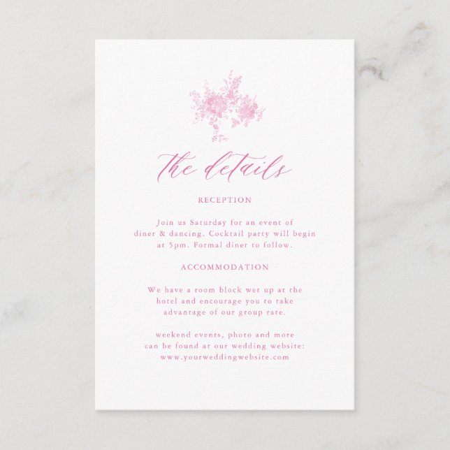 Tarjeta De Recepción Los detalles del Boda rosa de la tela victoriana f (Anverso)