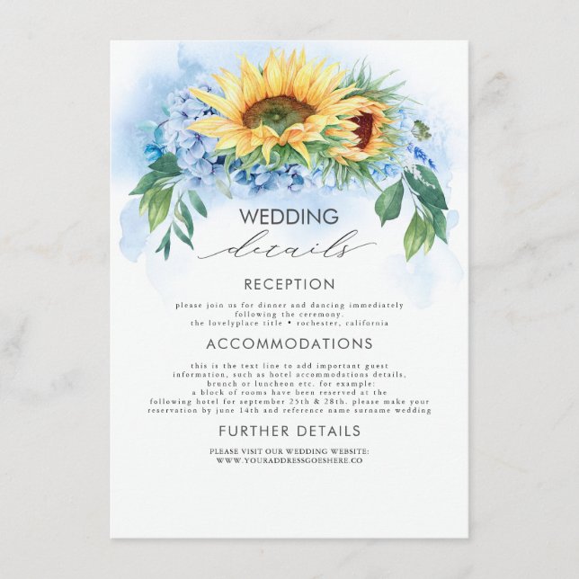 Tarjeta De Recepción Los girasoles amarillos y los detalles del Boda az (Anverso)