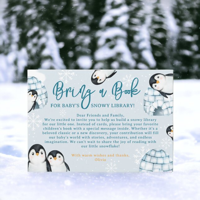 Tarjeta De Recepción Los iglús de los pingüinos de invierno traen un li (Winter penguin igloos bring a book baby shower enclosure card)