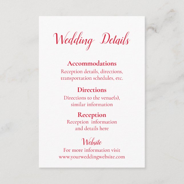 Tarjeta De Recepción Lovely Red and White Bodas Detalles (Anverso)