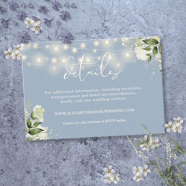 Tarjeta De Recepción Luces de Cadena de Verde Azul Polvoriento Detalles (Dusty Blue Greenery String Lights Wedding Details Enclosure Card)