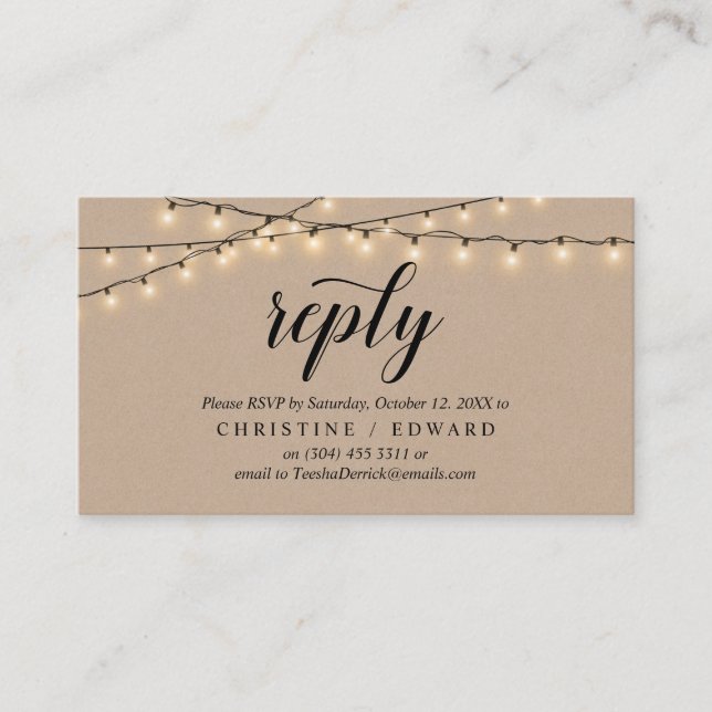 Tarjeta De Recepción Luces de cadena Kraft, guión negro, respuesta RSVP (Anverso)