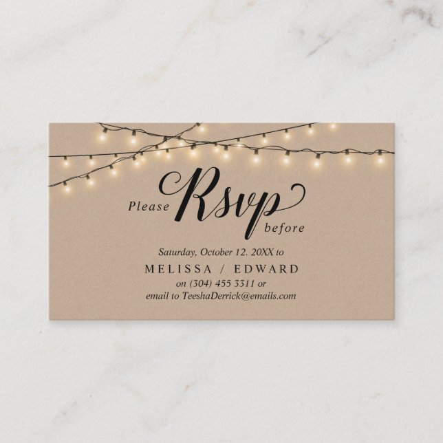 Tarjeta De Recepción Luces de cadena Kraft, guión negro, respuesta RSVP (Anverso)