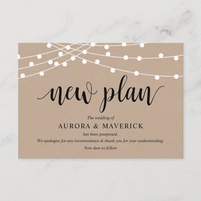 Tarjeta De Recepción Luces de cadena Kraft, negro, aplazamiento de Boda (Anverso)