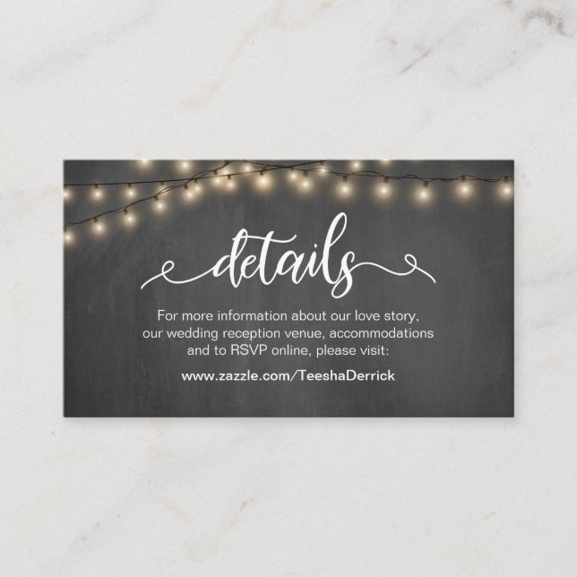 Tarjeta De Recepción Luces de cadena, pizarra, blanco, detalles Bodas (Anverso)