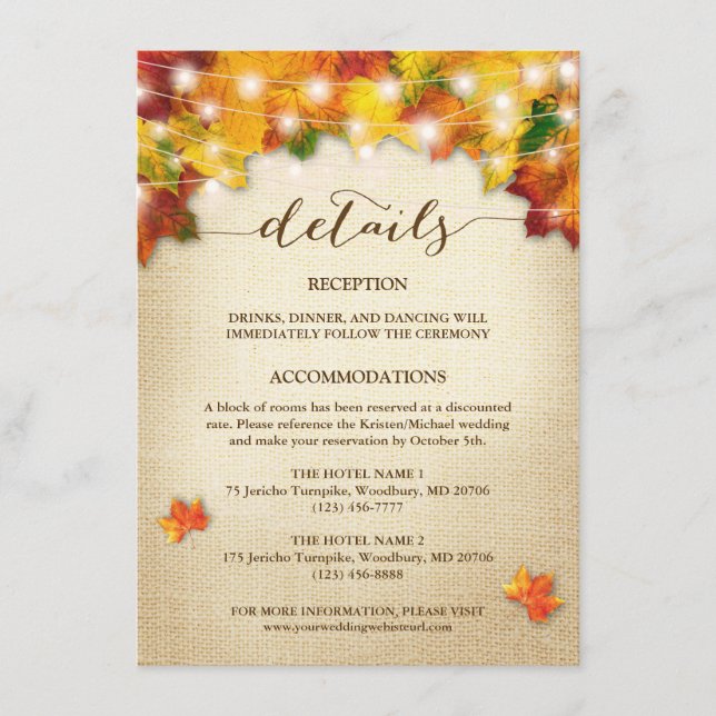 Tarjeta De Recepción Luces de Cadenas Arpillera Hojas de Otoño Boda Det (Anverso)