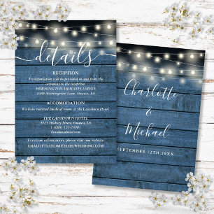 Tarjeta De Recepción Luces de Cuerda Azules Detalles de Boda Rústica de