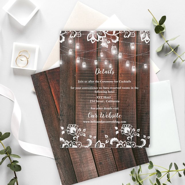Tarjeta De Recepción Luces de Cuerda de Madera Rústica de Granero para  (Rustic Wood String Lights Wedding Details Card | Barn Lace Wood Information Enclosure)