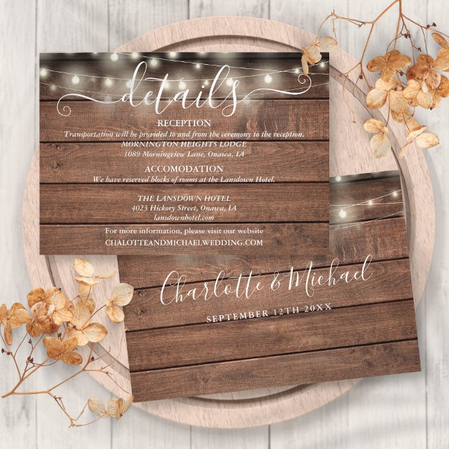 Tarjeta De Recepción Luces de Cuerda de Madera Rústica Guión Detalles d (Rustic Wood String Lights Script Wedding Details Enclosure Card)