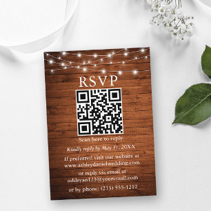 Tarjeta De Recepción Luces de Cuerda de Madera Rústica QR RSVP Boda