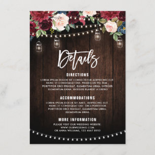 Tarjeta De Recepción Luces de Cuerda Florales Burgundy Navy en frasco d