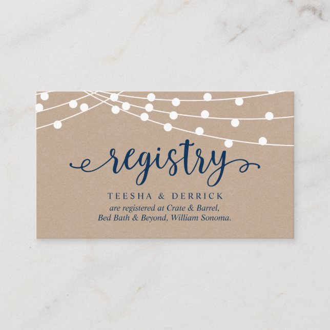 Tarjeta De Recepción Luces de cuerdas de Kraft, Azul marino, Registro d (Anverso)