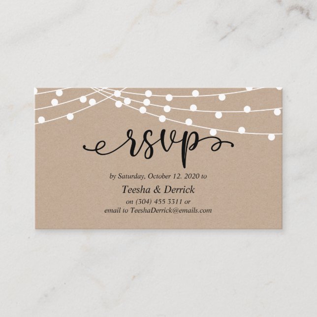 Tarjeta De Recepción Luces de cuerdas de kraft rústico, RSVP de bodas (Anverso)