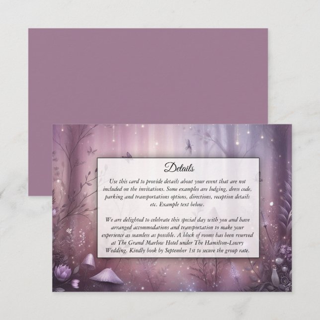 Tarjeta De Recepción Luces de Hadas de Lavanda Mágicas para Bodas (Anverso / Reverso)