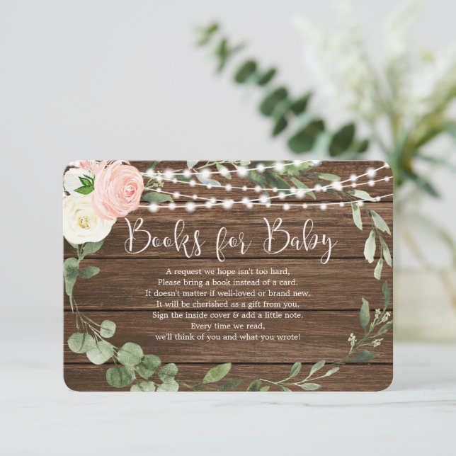 Tarjeta De Recepción Luces rústicas libros de vegetación floral rosa pa (Anverso de pie)