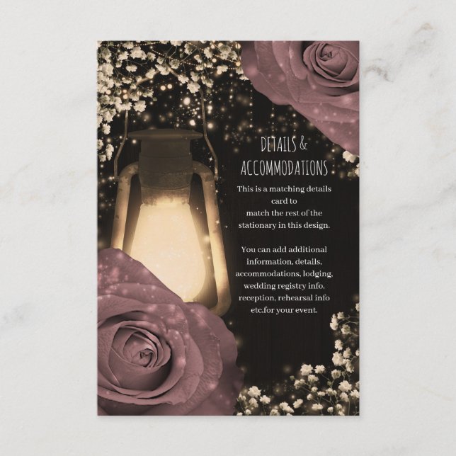 Tarjeta De Recepción Luces Rústicas Rosas Rosadas Polvorientas Bodas (Anverso)