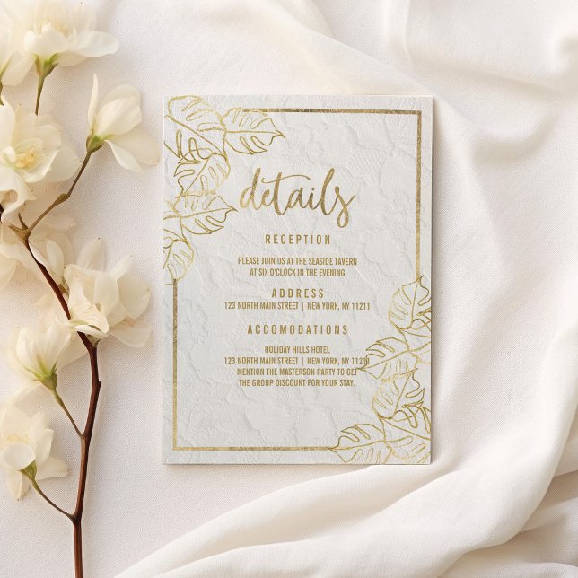 Tarjeta De Recepción Lujo blanco dorado encaje floral francés Detalles (Luxury white gold French floral lace Details Enclosure Card )