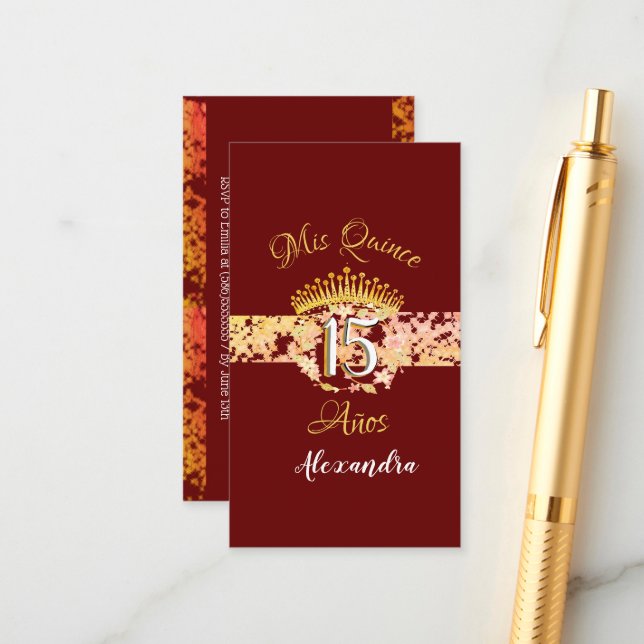 Tarjeta De Recepción Lujo Borgoña Elegante Quinceañera Español (Anverso/Reverso In Situ)