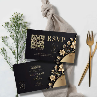 Tarjeta De Recepción Lujosa Floral Dorada Islámica Boda QR Rsvp
