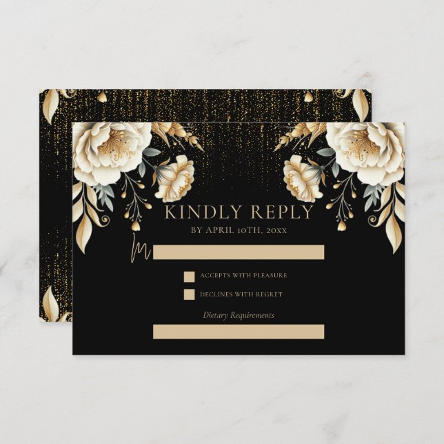 Tarjeta De Recepción Lujoso Black Ivory & Gold Quinceañera Rsvp (Anverso / Reverso)