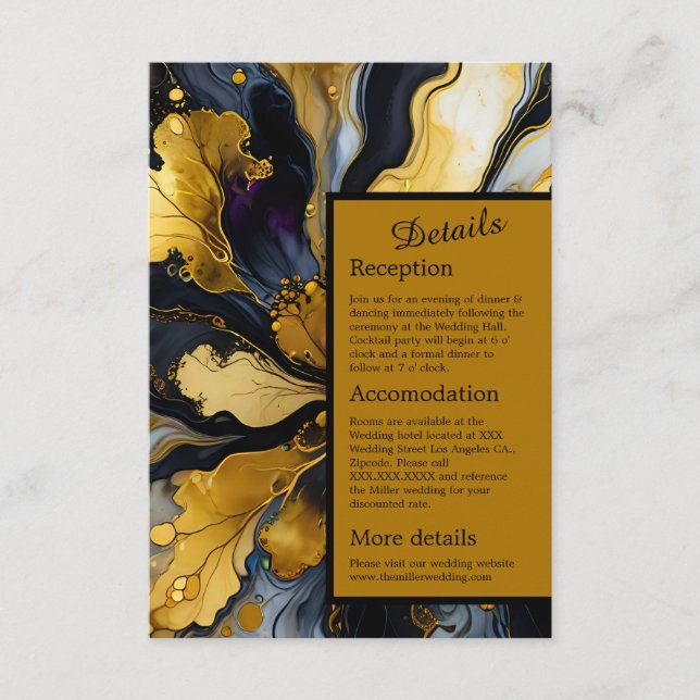 Tarjeta De Recepción lujoso boda dorado negro (Anverso)