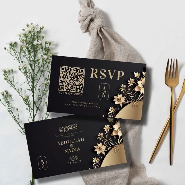 Tarjeta De Recepción Lujoso Boda islámico floral dorado QR Rsvp (Subido por el creador)