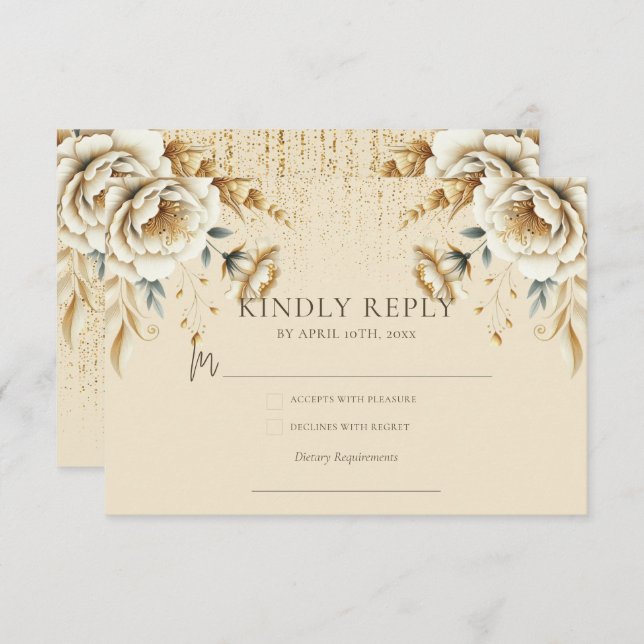 Tarjeta De Recepción Lujoso Ivory & Gold Quinceañera Rsvp (Anverso / Reverso)