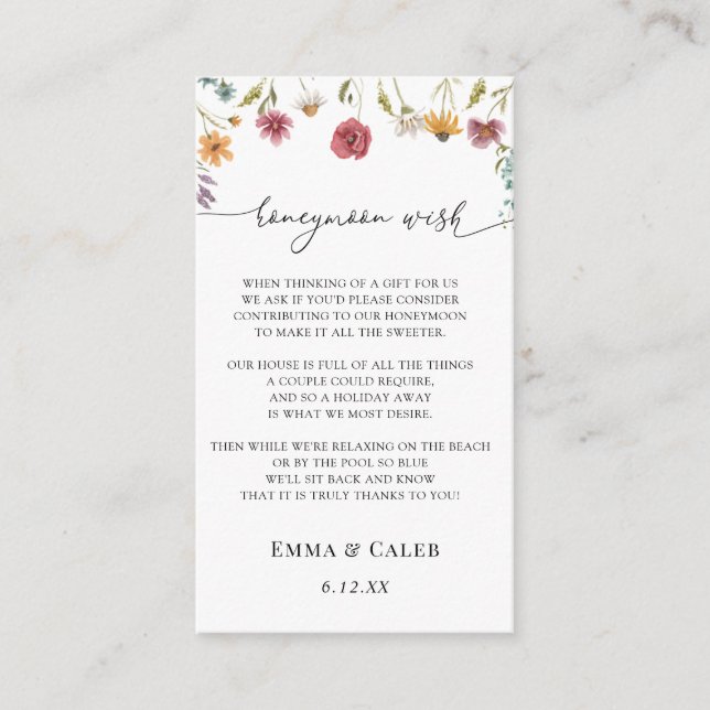Tarjeta De Recepción Luna de miel deseo de miel de flores silvestres en (Anverso)