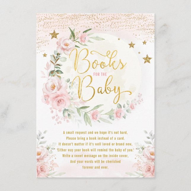 Tarjeta De Recepción Lunas florales rosas de Rubor y libros de estrella (Anverso)