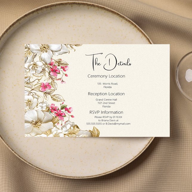 Tarjeta De Recepción Luxury ivory pink white gold flowers Details Card (Luxury ivory pink white gold flowers Details Card)