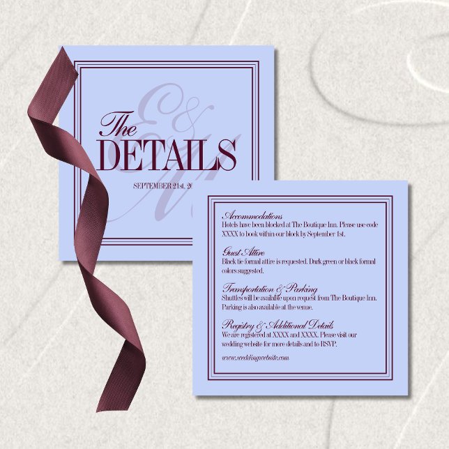 Tarjeta De Recepción Luxury Periwinkle and Plum Formal Wedding Details (Luxury Periwinkle and Plum Formal Wedding Details Enclosure Card
)