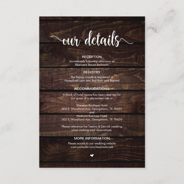Tarjeta De Recepción Madera de granja rústica, escritura blanca, detall (Anverso)