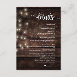 Tarjeta De Recepción Madera de granja rústica, luces de cadena, detalle