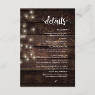 Tarjeta De Recepción Madera de granja rústica, luces de cadena, detalle