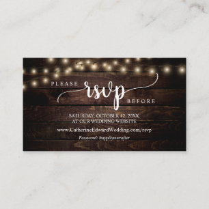 Tarjeta De Recepción Madera de granja rústica, luces de cadena, Enclo R