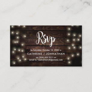 Tarjeta De Recepción Madera de granja rústica, luces de cadena, respues