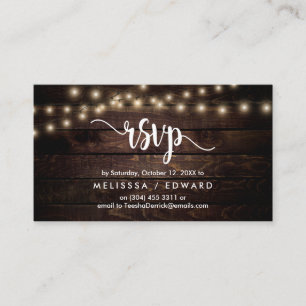 Tarjeta De Recepción Madera de granja rústica, luces de cadena, respues
