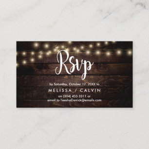 Tarjeta De Recepción Madera de granja rústica, luces de cadena, respues