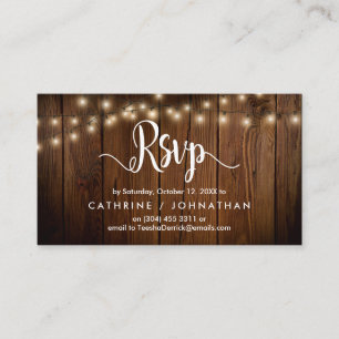 Tarjeta De Recepción Madera de granja rústica, luces de cadena, respues
