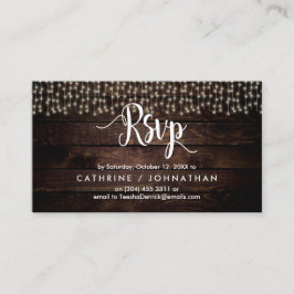 Tarjeta De Recepción Madera de granja rústica, luces de cadena, respues