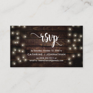Tarjeta De Recepción Madera de granja rústica, luces de cadena, respues