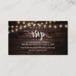 Tarjeta De Recepción Madera de granja rústica, luces de cadena, RSVP en