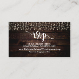 Tarjeta De Recepción Madera de granja rústica, luces de cadena, RSVP re