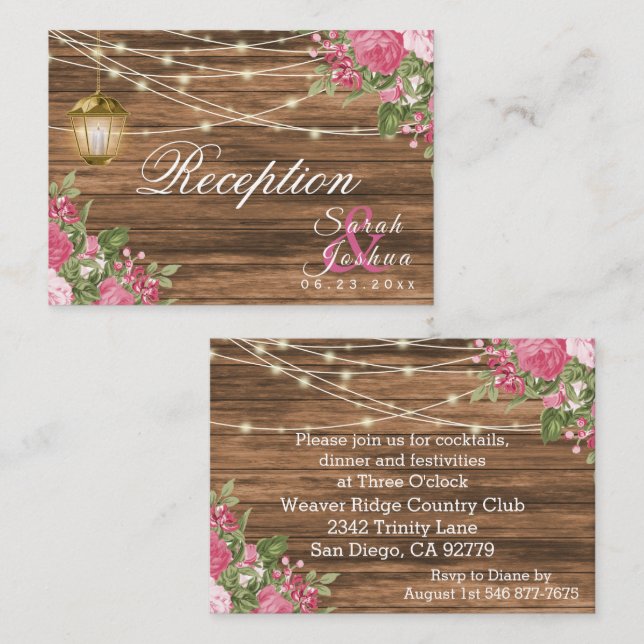 Tarjeta De Recepción Madera, farolillos y flor de malva rosa - Recepció (Anverso / Reverso)