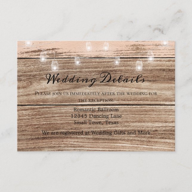 Tarjeta De Recepción Madera Rosa Rústica y Linternas (Anverso)