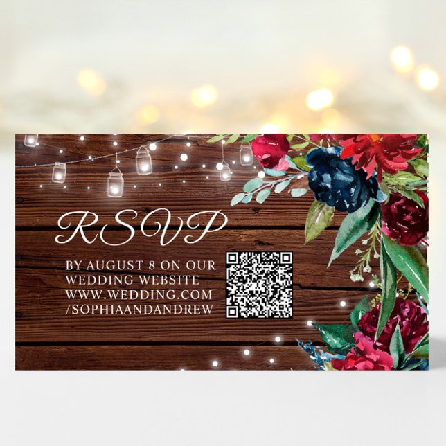 Tarjeta De Recepción Madera Rusa Borgoña Luces Florales Boda Código QR (Subido por el creador)