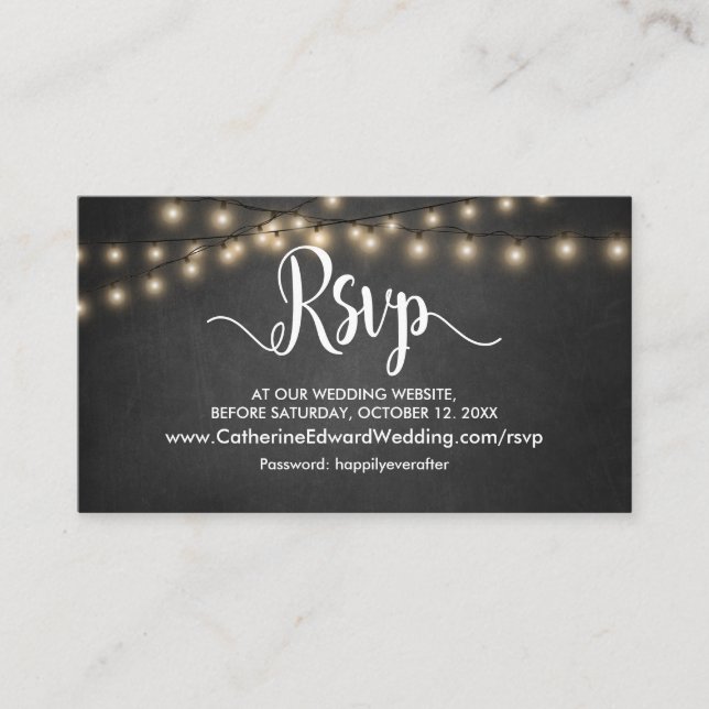 Tarjeta De Recepción Madera Rusa, Luces de Cadena, Sitio Web RSVP En Lí (Anverso)