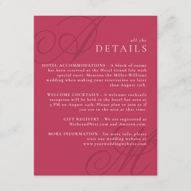 Tarjeta De Recepción Magenta detalles de un monograma elegante de borde (Anverso)