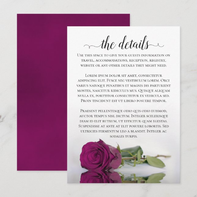 Tarjeta De Recepción Magenta elegante que refleja detalles del Boda Ros (Anverso / Reverso)