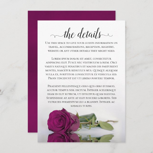 Tarjeta De Recepción Magenta elegante que refleja detalles del Boda Ros (Anverso / Reverso)